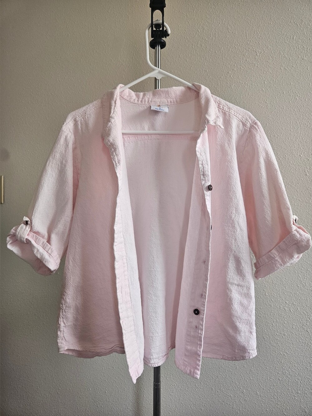 Sea Breeze Light Pink 100% Crinkled Cotton Button Down 3/4 Sleeve Shirt